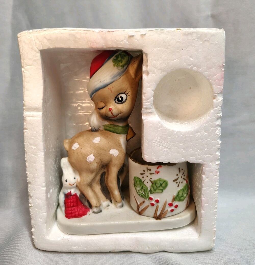 Christmas Luvkins Jasco Vintage 1978 Porcelain Christmas Deer Candle Holder